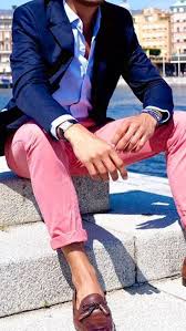 Pink Chinos Light Blue Shirt Navy Blue Blazer Brown Shoes Men Style Outfit Blazer Outfits Men Preppy Men Mens Outfits