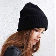 Plain Black Beanie Hat For Women Warm Winter Flanging Knit Beanie Hats For Women Beanie Fashion Women Black Beanie