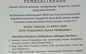 Tak harus masker medis, anda bisa menggunakan masker kain sesuai anjuran who dan jika tidak bisa menjahit, cara membuat masker kain tanpa mesin jahit juga bisa anda lakukan. Pengunjung Puskesmas Kuala Pembuang I Wajib Gunakan Masker