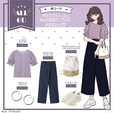 今すぐゲットしたいguの大本命アイテム パフスリーブt ぽわん袖が可愛すぎる gu パフスリーブt は 淡いパープルカラーを指名で大人可愛く取り入れるのが正解 ボトムスにはgu ウエストベルトラップジーンズ をあわせてほどよくカジュアルダウンすれば 春に