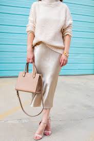 Beige Satin Midi Skirt Styling Ideas With A Sweater Satin Midi Skirt Fashion Casual Fashion
