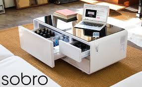 Amazon Com Sobro Coffee Table With Refrigerator Drawer Bluetooth Speakers Led Lights Usb Charging Ports For Tablets Laptops Or A Cell Phone Perfect For Parties Or Entertaining White Kitchen Dining