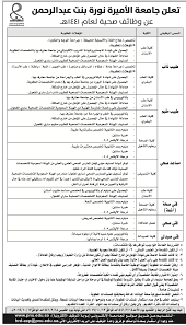 تعلن جامعة الأميرة نورة بنت عبدالرحمن عن توفر وظائف صحية شاغرة لعام 1441 الشامل ٢٤