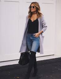 Black Boots With Jeans Grey Long Cardigan Black Over The Knee Boots Tank Top Skinny Jeans And Choker More We Are Want To Say Thank Fashion High Knee Boots Outfit Knee Boots Outfit
