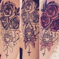 Roses Pearls Pink Diamond Bow And Crucifix Thigh Tattoo Leg Tattoos Pearl Tattoo Thigh Tattoo
