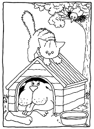 Kleurplaat overzicht van cartoon kat met hond huis ren. Warnio05 Honden En Katten Samen Kleurplaten