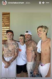 .beckham, including david beckham wearing wings tattoo, portrait tattoo, lettering tattoo and david beckham. Romeo Beckham Debuts New Arm Cherub Tattoo In Shirtless Snap With Brothers Todayuknews