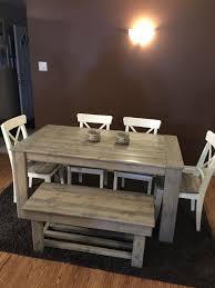 A minimalistic and less cluttered appearance with dining table with bench. 5ft Harvest Table With Bench And Chairs In A Special Grey Stain Mix We Created Dining Table With Bench Farmhouse Table With Bench Dining Room Table