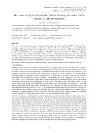 How can i inform a wedding date without an invitation due to covid 19? Pdf Discourse Analysis Of Jordanian Online Wedding Invitation Cards During Covid 19 Pandemic