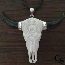 Hand Carved Buffalo Bone Bull Cow Skull Necklace Buddha Design Skull Art Bone Necklace Skull Pendant Skull Jewelry Skull Jewelry Cow Skull Skull Pendant