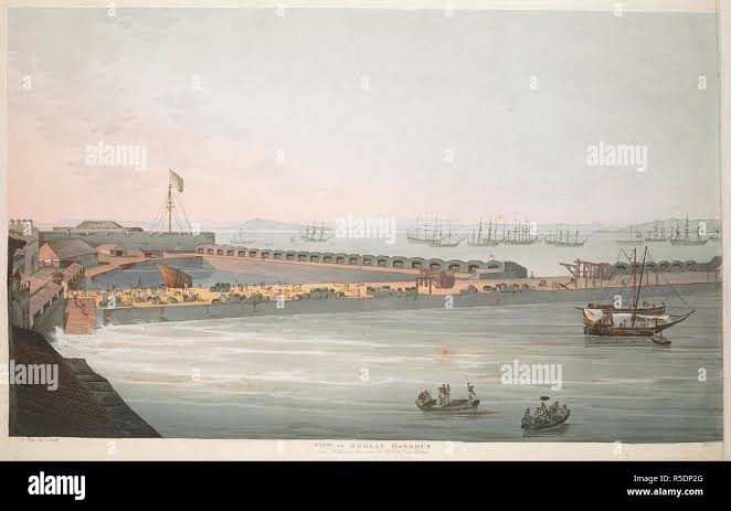 View of Bombay harbour. View of Bombay harbour as seen from the quayside near the Custom House; boats in the water; figures on the docks. Etched 'No2' in lower right-hand corner below