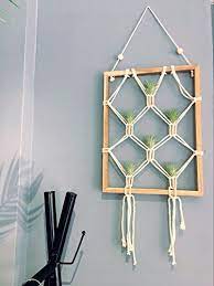 Riseon Vintage Rustic Wood Frame Macrame Wall Hanging Faux Artificial Air Plant Holder Tillandsia Wall Hanging Photo Frames Macrame Frame Macrame Wall Hanging