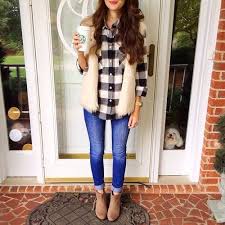 Black And White Buffalo Plaid Shirt Womens Black And White Gingham Shirt With White Fur Vest With Tall Boots Though Look At The Dog Fashion Style Clothes