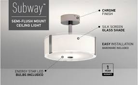 Costco flush mount led ceiling light. Artika Subway Contemporary Semi Flush Mount Ceiling Light 40w With A Silk Screen Glass Shade Chrome Finish Close To Ceiling Lights Amazon Canada