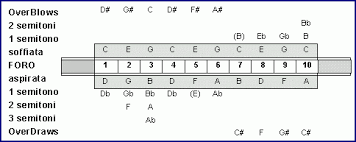 Suonare le note in questa maniera, non solo ti permette di ottenere sin da subito un suono pulito e preciso, ma sarà anche la procedura più semplice e veloce per poter correttamente suonare le note in bending, argomento che affronteremo più avanti. Schema Delle Note Sull Armonica Diatonica Nelle 12 Tonalita Doctorharp Il Sito Dell Armonica A Bocca
