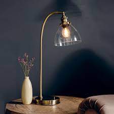 Antique brass style and simple appearance design add more glamour to your home. Industrial Curved Table Lamp Antique Brass Glass Shade Modern Bedside Light