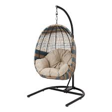 Better Homes Gardens Two Tone Patio Wicker Hanging Chair With Stand And Beige Cushion Walmart Com In 2020 Hanging Chair With Stand Hanging Chair Beige Cushions
