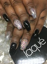 Coffin Black And Silver Glitter Nails Black Silver Glitter Coffin Nails With Rhinestones Rhinestone Nails Nails Coffin Nails Glitter