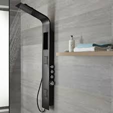 Milano Orton Modern Exposed Shower Tower Panel With Shelf Large Shower Head Hand Shower And Body Jets Black In 2020 Large Shower Heads Shower Heads Large Shower