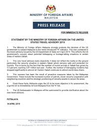 Wisma Putra On Twitter Press Release Statement By The Ministry Of Foreign Affairs On The United States Travel Advisory 2019