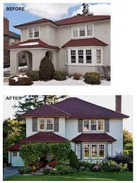 Before After Red Roof Stucco Traditional Home Upgraded With New Colour Palette Shrub Red Roof House Exterior Paint Colors For House Red Roof House Colors