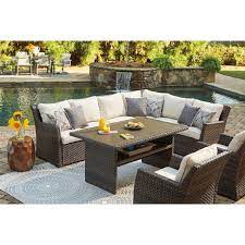 Zora Patio Sectional And Lounge Chair With Cushions In 2021 Patio Furniture Layout Patio Sectional Backyard Furniture