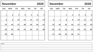Printable November December 2020 Calendar Calendar Printables Printable Calendar Template Template Printable