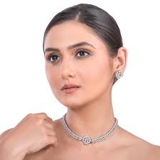 Silver Cubic Zirconia Necklace Set: American Diamond Wedding Jewelry