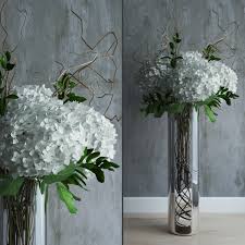 Various colors of hydrangeas take on a stately elegance when grouped together in a tall vase. White Hydrangeas In Tall Vase With Willow Branches 3d Model Max Obj