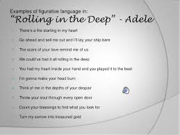 Some examples of figurative language are the use of idioms (like the one above), metaphors and similes. S O N G S W I T H F I G U R A T I V E L A N G U A G E L Y R I C S Zonealarm Results
