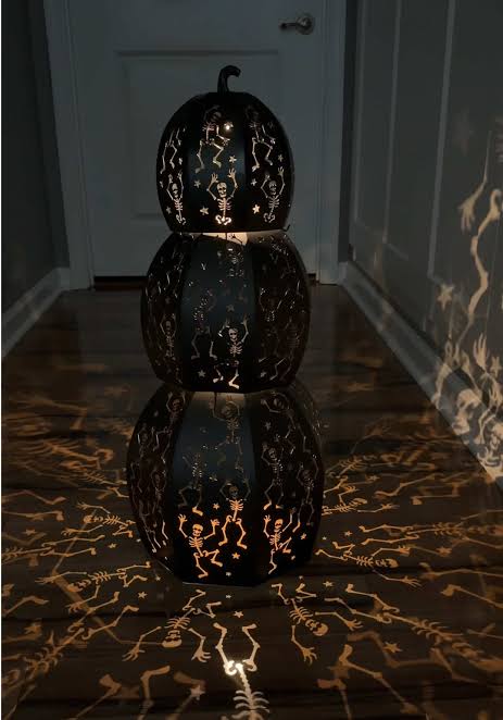 Stacking Metal Pumpkin Set with Skeleton Lights — Halloween Decor
