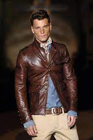 Brownish Oxblood Leather Jacket Chambray Shirt Scarf Worn In Jeans And Boots By Dsquared2 Men S Fall Win Well Dressed Men Mens Outfits Leather Jacket Men