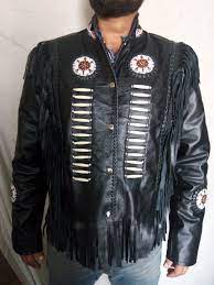 Handmade Western Black Native America Leather Jacket Fringe Beads Bones Jacket Outerwear Kleding Westerns