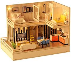 Miniature bathroom with a shower cabin, bedroom, kitchen and a living room. Amazon Com Toyvian Diy Miniature Dollhouse Kit Wooden Mini House Set To Build Villa House Handmade Miniature House With Accessories Birthday Gift For Kids Without Battery Toys Games