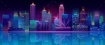 Vector Neon Megapolis Background With Buildings Neon Vector Megapolis Buildings Pemandangan Anime Pemandangan