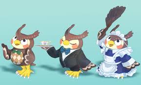 neocerapaima, blathers (animal crossing), animal crossing, nintendo,  highres, 1boy, alternate costume, bird, black eyes, blue background, blue  bow, blush stickers, bow, bowtie, butler, closed eyes, cup, duster,  enmaided, feather duster, formal clothes,