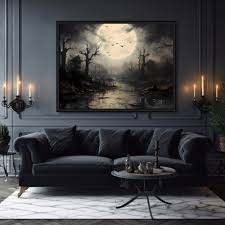 Spooky Swamp at Full Moon Wall Art Print Dark Cottagecore Halloween Artwork  Moody Painting Witchy Art Gift for Gothic Fans Flying Bats