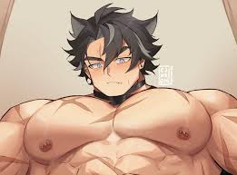 heithanoll, wriothesley (genshin impact), genshin impact, highres, 1boy,  abs, alternate muscle size, animal ears, bara, black hair, blush, cat ears,  earrings, fang, fang out, hair between eyes, jewelry, kemonomimi mode,  large pectorals,