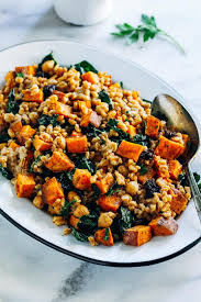 Roasted Sweet Potato Kale And Farro Salad With Lemon Tahini Dressing Making Thyme For Health Recipe Roasted Sweet Potatoes Farro Salad Sweet Potato Kale