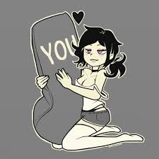 ashley graves, the coffin of andy and leyley, 1girl, artist name, black  choker, black hair, black panties, breasts, choker, cleavage, full body,  grey background, heart, holding, holding pillow, iratinavarre, kneeling,  light blush,