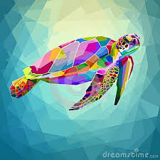 Colorful Sea Turtles Floating In A Sea Of Geometric Blue Water With Pop Art Style Pop Art Animals Pop Art Canvas Turtle Painting