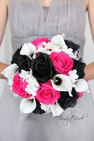Begonia Davids Bridal Wedding Bouquet With Black Rose And Hot Pink Roses With Black Halo Calla Li Wedding Bridal Bouquets Bridal Bouquet Fall Pink Rose Bouquet
