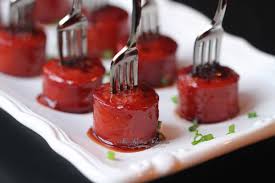 Secure with toothpick.place on baking pan. 3 Ingredient Candied Kielbasa Bites
