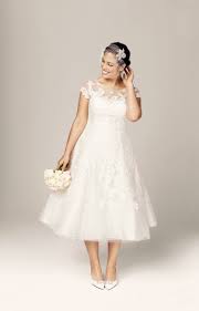 Oleg Cassini Again With The Illusion Neckline And The Tea Length Wedding Dress Cap Sleeves Wedding Dresses Plus Size Wedding Dresses With Sleeves