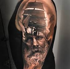 Realism Half Sleeve With Sailing Ship And Bearded Sailor Tattoo By Arlo Dicristina An Artist Based In Grand Junction Tattoos Portrait Tattoo Body Art Tattoos