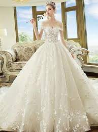 Amazing White Tulle Appliques Off The Shoulder Wedding Dress With Long Train Weddingdress Weddingdress2019 Wedding Dresses Wedding Dresses Uk White Ball Gowns