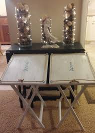 Solid Wood Tray Table W Lighthouse Stenciled In Center Silver Eyehooks In Corners To Hold Sisal Rope Slides Easy For Set Up Or St Table Decor Tv Tray Table