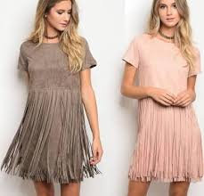 Chic Pink Mocha Faux Suede Flowy Fringed Dress Cowgirl Western Boho Ladies Mini Dresses Mini Dress Dresses