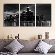 Black And White Skyline Canvas 3 Pcs Wall Art Beautiful Detroit Skyline Black White Canvas Art Paintings Night Scene Picture White Canvas Art Canvas Art Painting Wall Painting Living Room