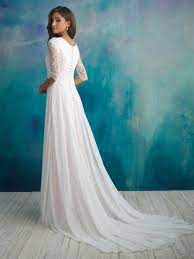 This Allure Modest M591 Blouson Style Conservative Wedding Gown Features A Lace Bodice Overlay Wit Allure Bridal Conservative Wedding Dress Aline Wedding Dress